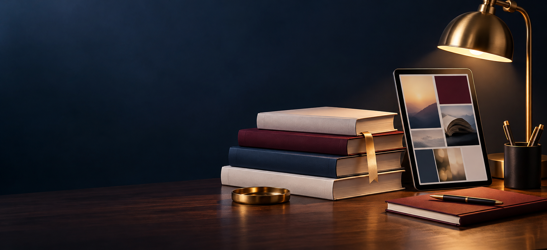 Books, marketing visuals, and publishing tools on an editorial desk